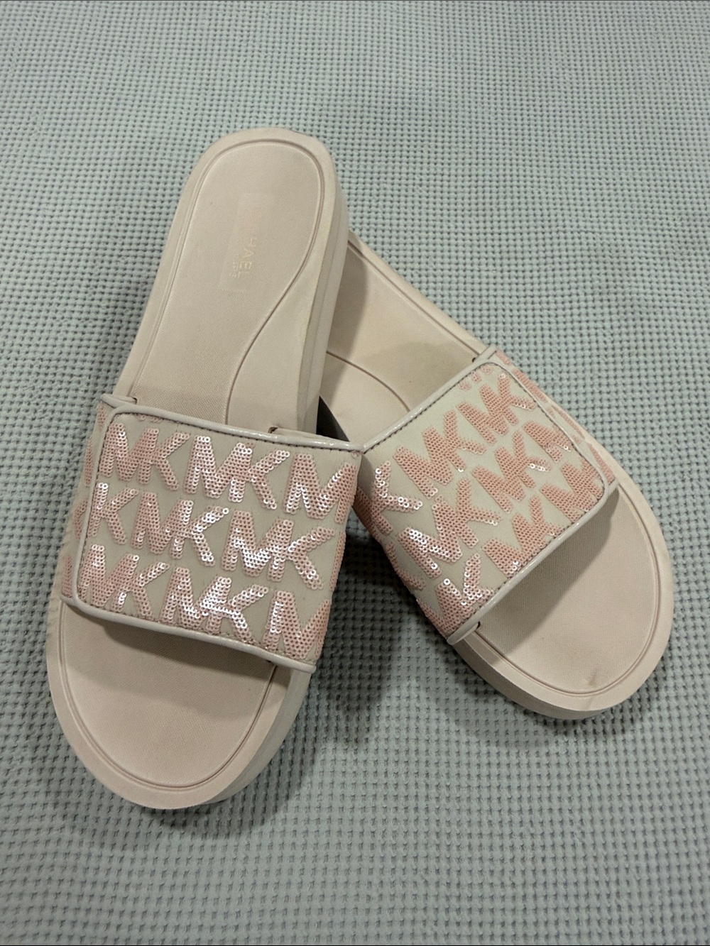 Michael Kors Blush Pink Logo Sequin Slide Sandals